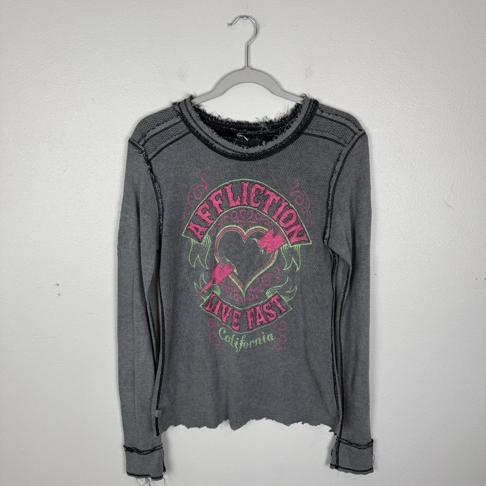 Affliction Shirt Womens M Reversible Thermal Distressed Grunge Y2K Emo Skull